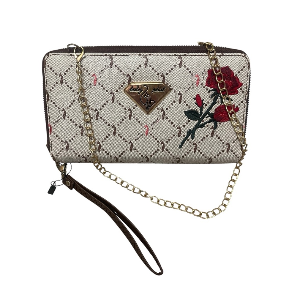 Baby Phat Y2K 2000s Fashion Double Zip Wallet Brown Red Rose Logo Wristlet Pouch